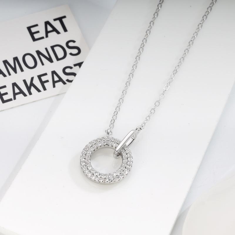 European-American S925 Silver Necklace: Simple, Elegant Circle Design with Inlaid Diamonds for Women