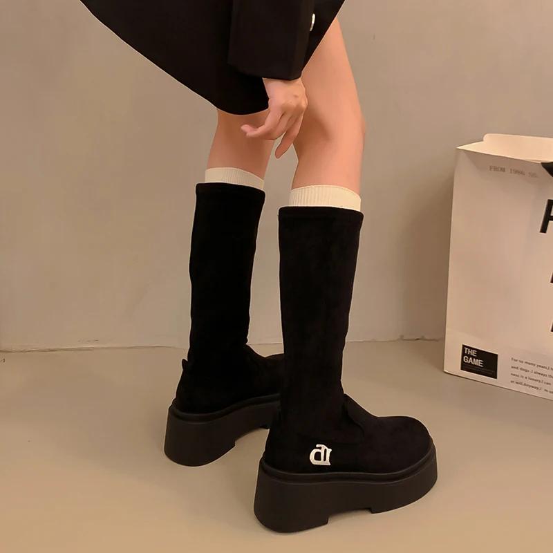 Strečové dámské kozačky nad koleno Módní nazouvací boty Podzim Zima Platformové baleríny Dámské rytířské dlouhé kotníkové boty