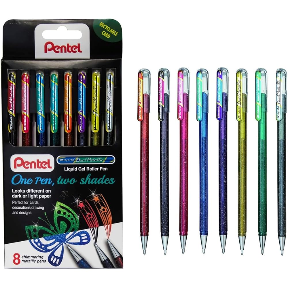 Pentel Hybrid Dual Metallic Liquid Gel Roller Pen YK110/8-M 8-Pack 16 Shimmering Metallic Colors