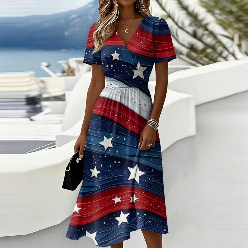 Women's Independence Day Print Casual Fashion Short Sleeve V-Neck Dress