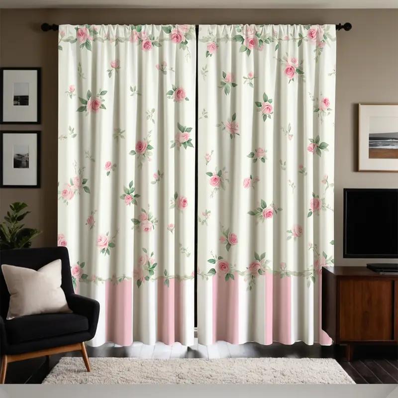 2pcs Floral Elegant Curtains Light Filtering Rod Pocket Living Room Bedroom Decor Pink Rose Pattern Window Treatment