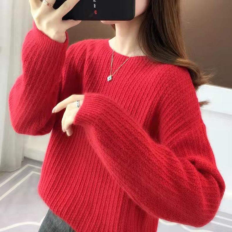 Autumn and Winter Women's Round Neck Pullover Sweater Loose Solid Color Long Sleeved Knitted Sweater for Women