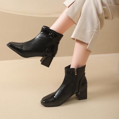 Fall Booties Winter New Square Toe Paneled Patent Leather Side Zip Metal Buckle Non-Slip Block Heels