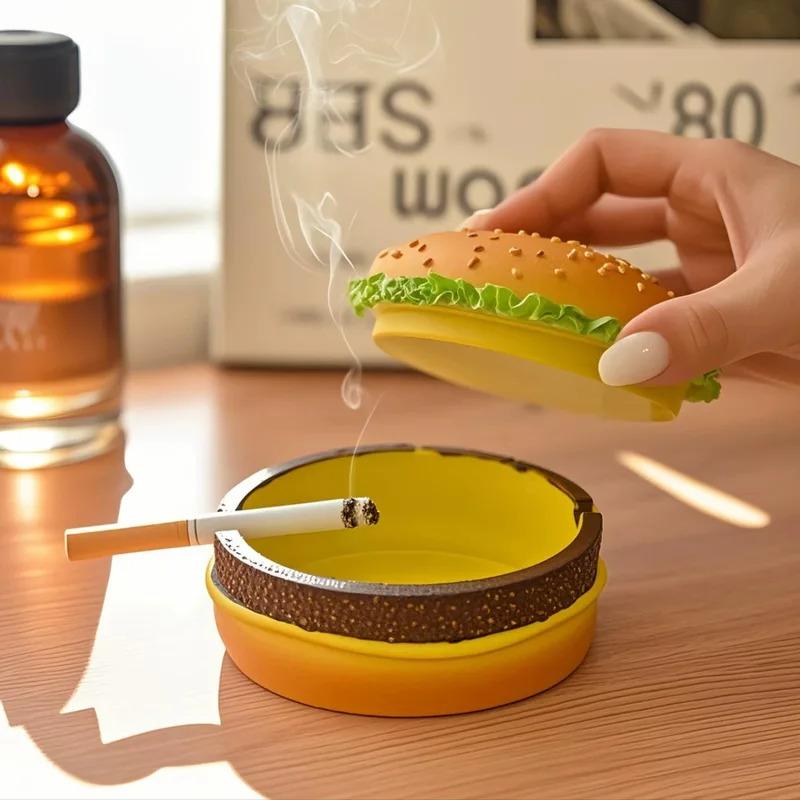 1pc Creative Resin Cute Hamburger Ashtray Home Dust Proof Ashtray Living Room Office Desktop Decoration Ornament for Father Gift
