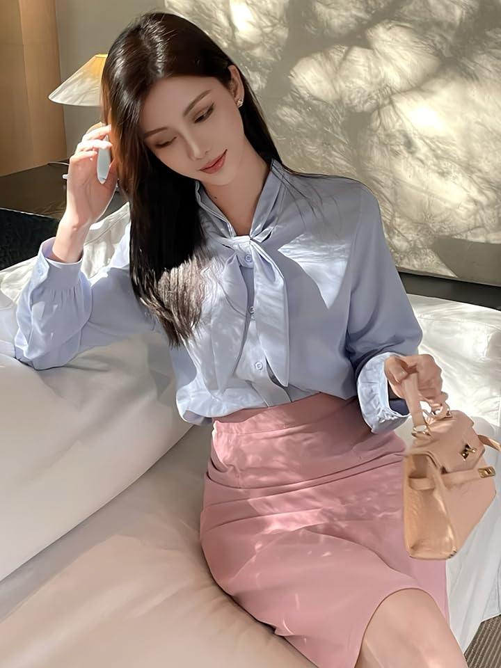 Bow Tie Long Office [JINJUDUO] Women's Blouse, Sleeve, Ribbon, Gathered, Satin, Figure-Flattering, Slimming, Cute, Stylish, Casual, OL, Commuting,
