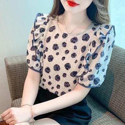 Nueva Moda de Verano Top de Gasa de Lunares Camiseta de Manga Corta para Mujer Elegante de Gama Alta Hermosa Camisa Moderna
