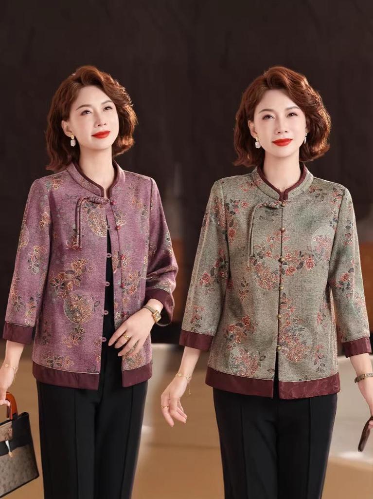 2026 Spring & Autumn Tang Suit Stand Collar Shirt for Middle-Aged & Elderly Women - Plus Size Chinese Style Mother's Wear