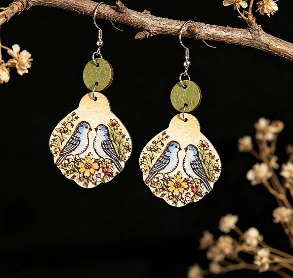 Retro Geometric Bird & Flower Wooden Earrings