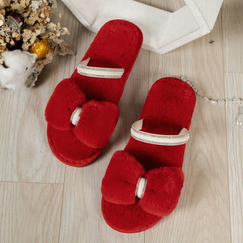 Fashion Red Slippers Couple Casual Versatile Bow for Men and Women Winter Cotton Mopping