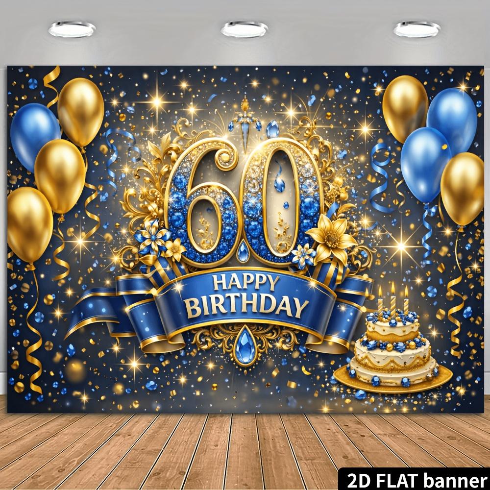 Telón de Fondo de Pancarta para Fiesta de 60 Cumpleaños 2D Tema Azul Dorado Con Globos Pastel Fuegos Artificiales Decoración Duradero No Requiere Alimentación Para Interior_ Múltiple