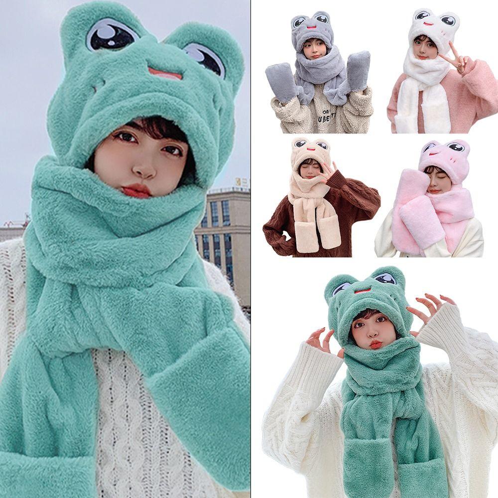 

Autumn And Winter Windproof Scarf And Hat Student Cap Plush Hats Frog Cap Warm Hat