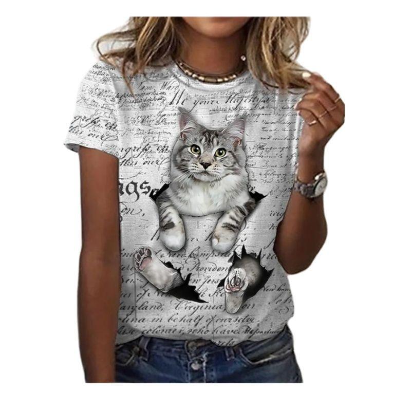Summer Casual Digital Printed 3D Loose Round Neck Short Sleeved T-Shirts Women’s