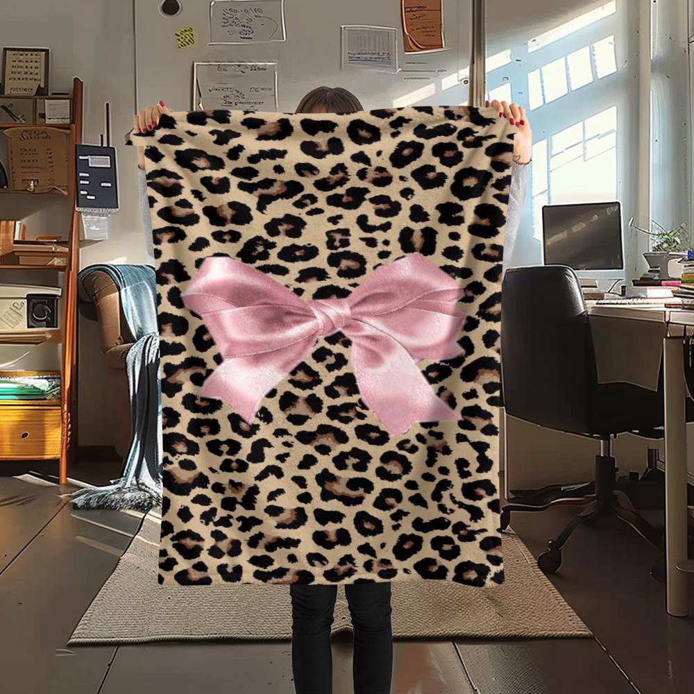 1Pc Leopard Bow Print Flannel Blanket, High quality Comfortable for All Seasons, Home Decor, Warmth and Comfort, Perfect for Gifts