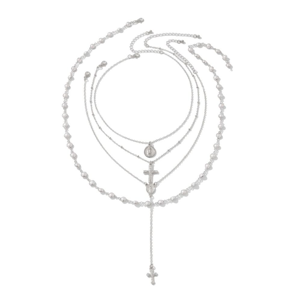 Multilayer Cross Pendant Necklace Stacked Up Clavicle Chain Imitation Pearl Necklace  Gift