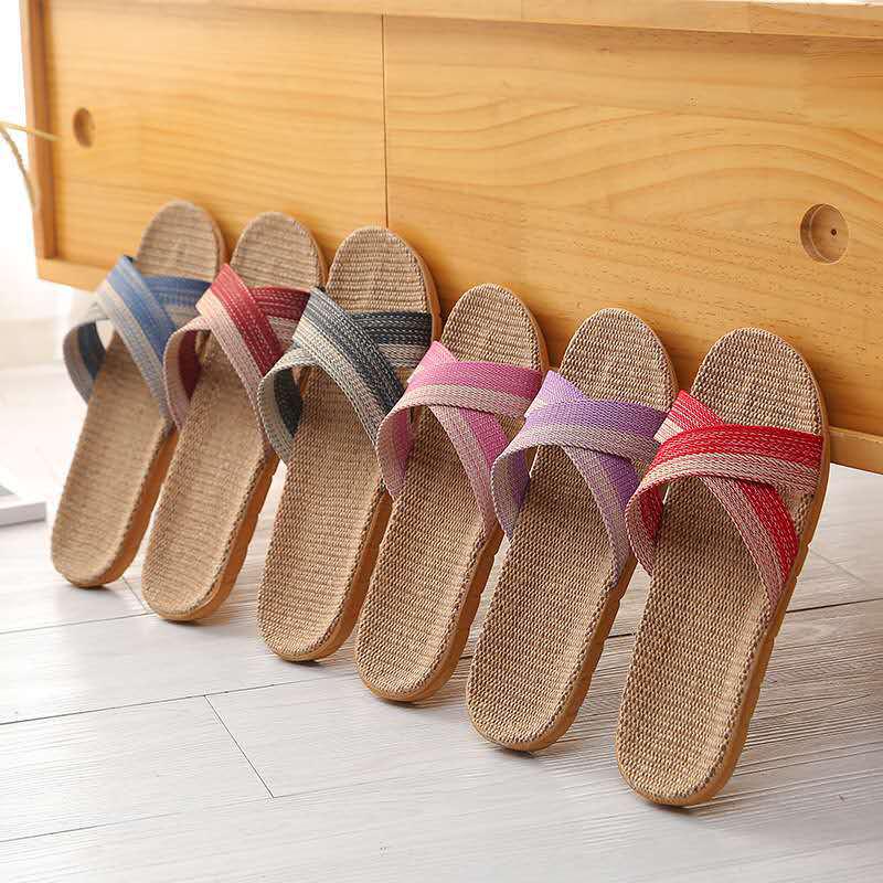 Lniano-bawełniane antypoślizgowe kapcie domowe dla mężczyzn i kobiet - gruba podeszwa na drewniane podłogi, idealne na lato