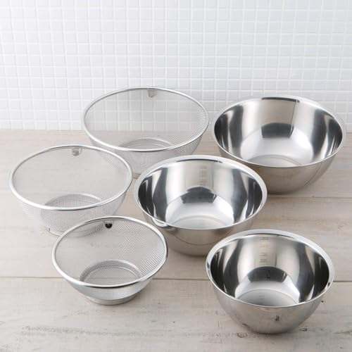 KAI Stainless Steel Bowl and Mesh Colander 6-Piece Set - Kitchen Utensils for Single Person Use - 18cm, 21cm, 24cm - Stackable, Integrated Design