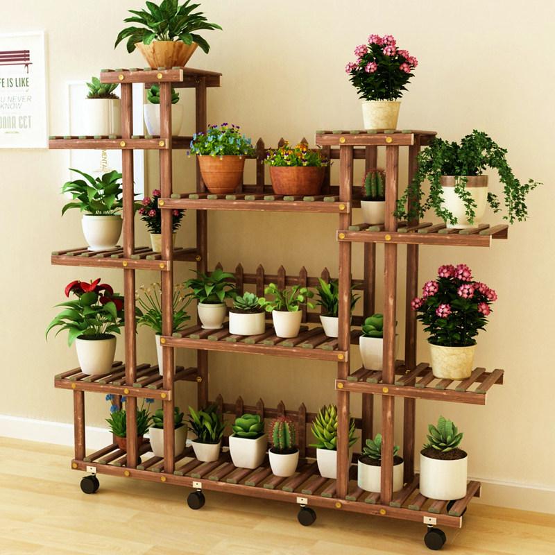 Mobile Plant Stand with Wheels, Heavy Duty Wooden Flower Pot Holder,Freestanding Storage Shelf Unit for Patio Garden Living Room