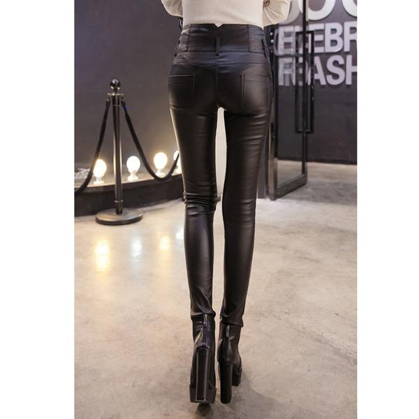 Thicken Black Leather Pants High Waist 