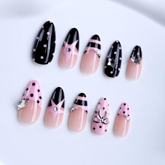 1 Set Almond Press on Nails Star Striped Dot Bow Rhinestone French Tip Stick-on Fake Nails Salon Quality 3D Charm Women Glue on False Nails