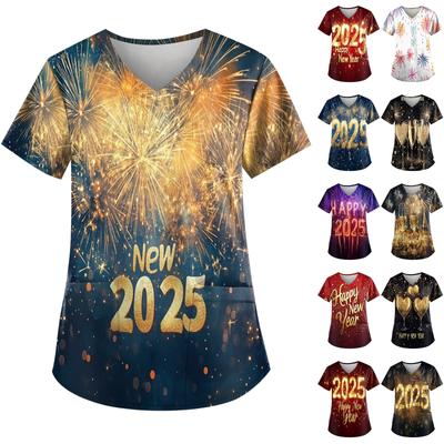 Damenmode, T-Shirt mit V-Ausschnitt, Aufdruck im Neujahrsstil, kurzärmlig, kleine Tasche, Arbeits-T-Shirt
