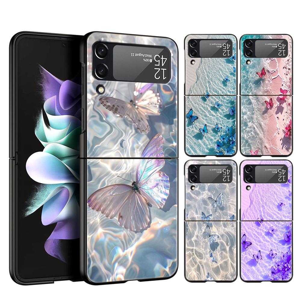 Phone Case For Samsung Galaxy Z Flip 3 4 5 6 Hard Folding PC For Samsung Z Flip3 Flip4 Flip5 Cover Blue Butterfly Ocean Waves