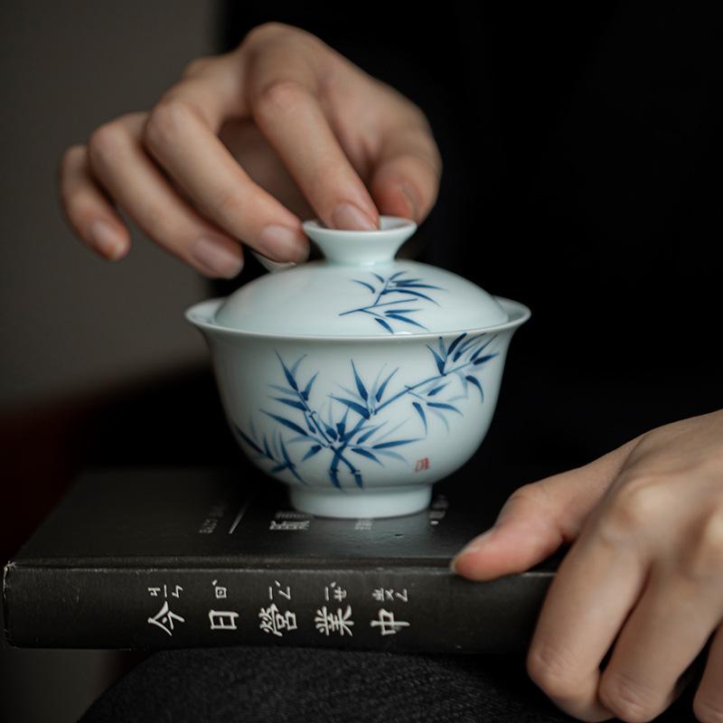 Underglaze Hand-painted Bamboo Cover Bowl Tea Set Fabric Tea Bag Kung Fu Tea Set Travel Portable Office