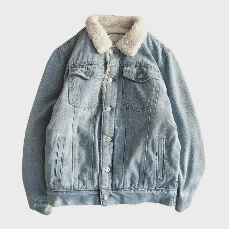 Men's Plush Thickened Denim Jacket - Warm and Casual Cotton Coat for Autumn and Winter