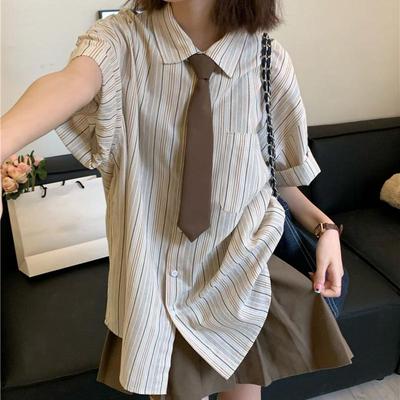 Women's Striped Shirt Casual Baggy Cardigan Short-sleeved Shirts Tops Preppy Style Vintage Harajuku Summer Clothing