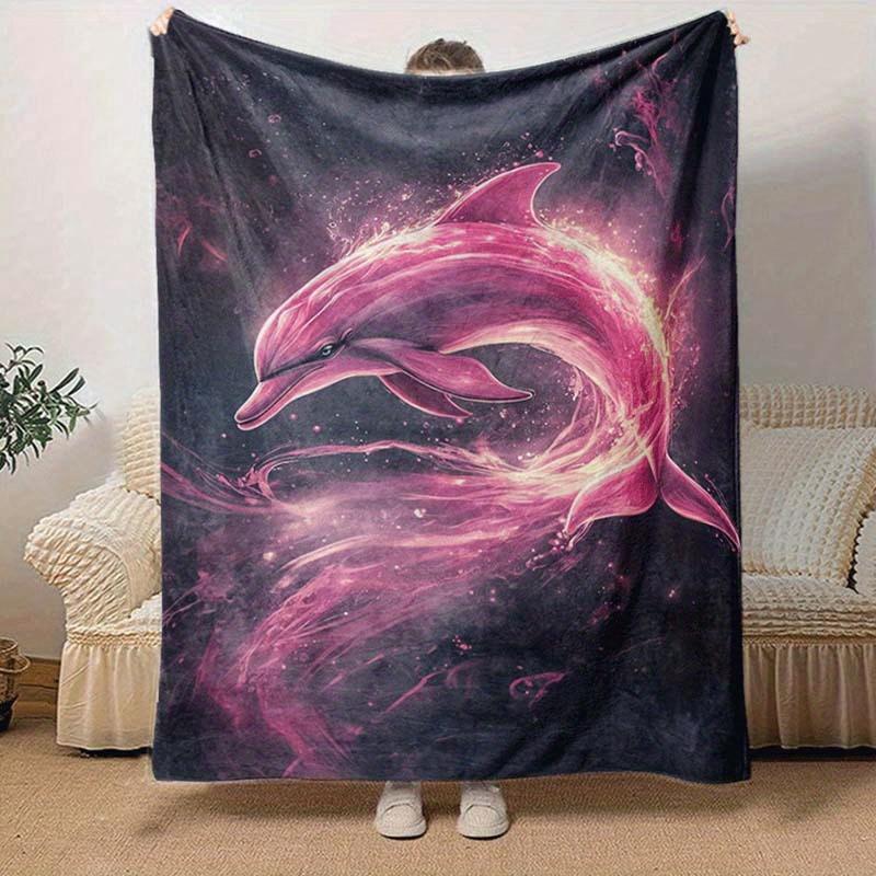 1pc Pink Dolphin Printing Lightweight Flannel Blanket, Comfortable and Warm Blanket, for Camping Sofa Bed and Couch Office, in All Seasons