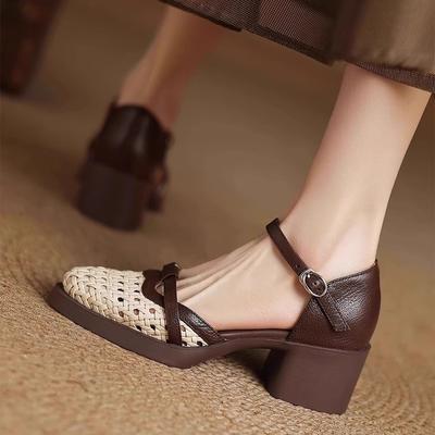 Fashion Retro Super Soft Woven Hollow High-heeled Bag Head Sandals 2025 Summer New Thick-heeled Sandals Women