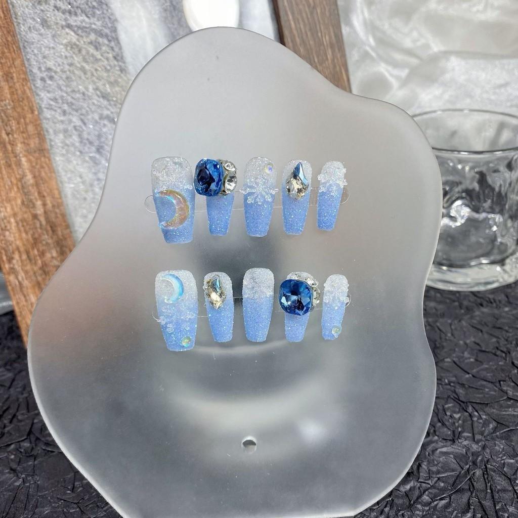 

100% HANDMADE Medium coffin shape Fake nail set with Glue Gradient Blue Sugar Snowflake Moon Crystal Press on nails Fake Nails Reusable M