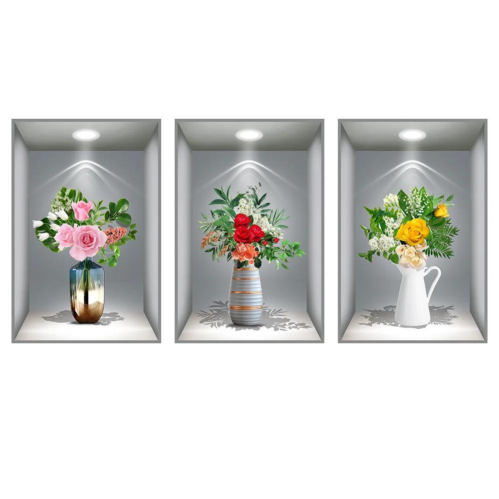 3D Effect Potted Triptych Posters Hallway Staircase Decorative Painting Hotel Restaurant Wall Plant Stickers