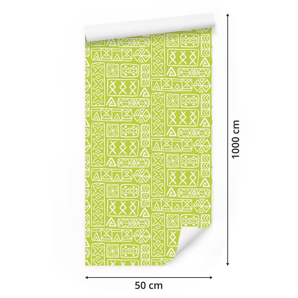 Polynesian Geometric Pattern Wallpaper Lime and Cream 50x1000