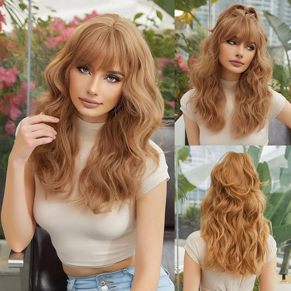 BLONDE UNICORN Long Wavy Curly Wigs Light Golden Brown Synthetic Wig with Bangs for Women Daily Cosplay Heat Resistant …