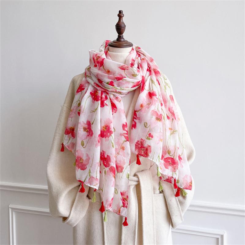 Spring and Summer New Flowers Pattern Cotton Linen Scarf for Women Autumn Warm Soft Shawls Muslim Hijab Poncho Echarpe Stoles