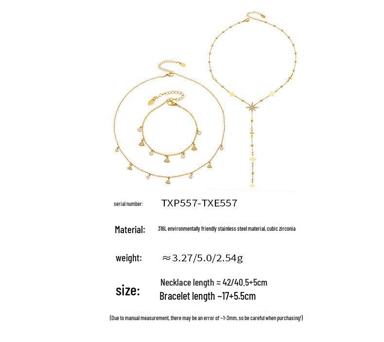 New Zirconia Hexagram Y-Layer Necklace & Bracelet Set - Stainless Steel Luxury European & American Fashion Jewelry