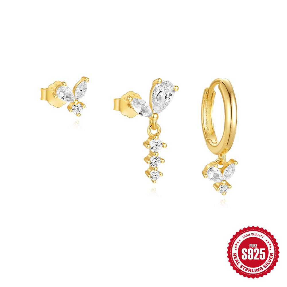 Einfacher Wind S925 Sterlingsilber Pferdeauge kombiniert mit Wassertropfen Zirkon Spleißen Schmetterling Stern Ohrringe Dreiteiliges Set