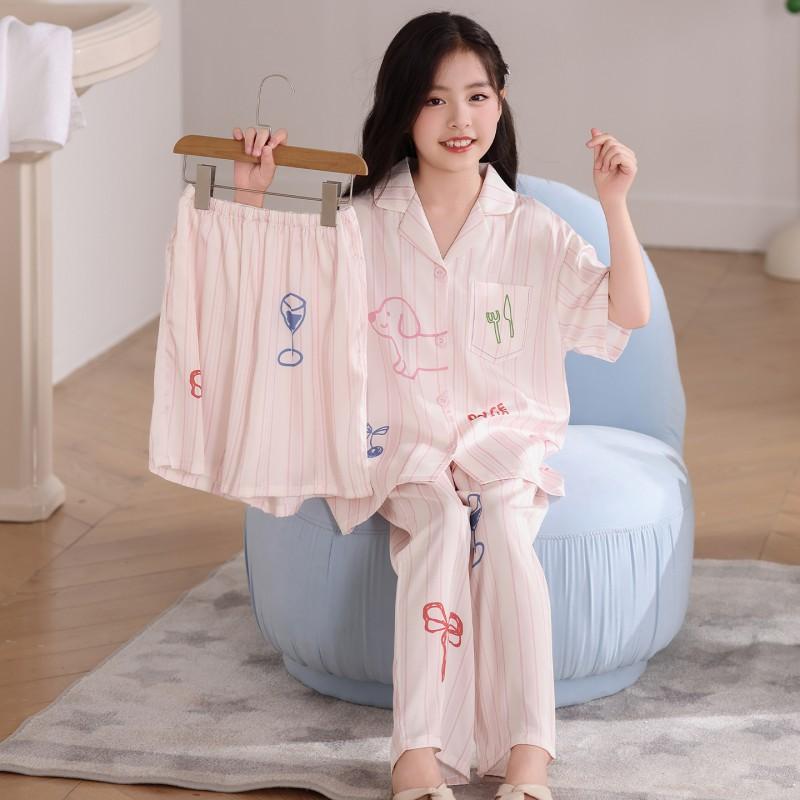 Girls Pajama Set Ice Silk Short Sleeve Long Pants Shorts 3-Piece Cartoon Sleepwear Ages 8