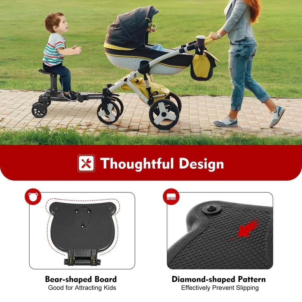 Black Baby Stroller Auxiliary Pedal Adjustable Length and Height with Detachable Seats and Wheels for 3-7 Years Old Children