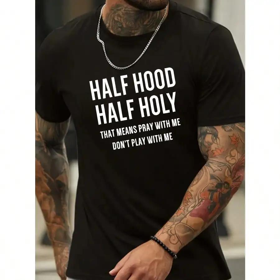 1 Pc 100 Cotton TShirt Half Hood Half Holy Print T Shirt Tees For Men Casual Short Sleeve TShirt For Summer