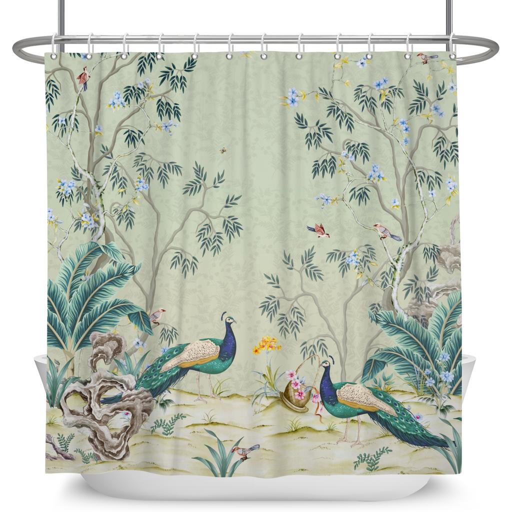 Vintage Bird Flower Shower Curtain with Hooks Artistic Peacock Floral Design Chinese Style Waterproof Polyester Bathroom Curtain