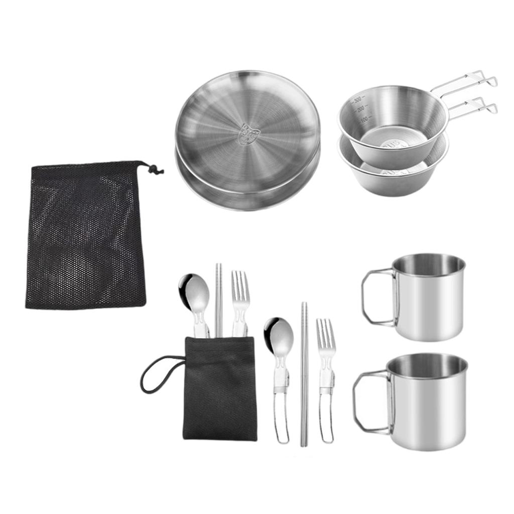 Camping Cutlery Set Stainless Steels Camp Dinnerware Cooking Tableware with Plates Bowls for Outdoor Backpacking Picnics