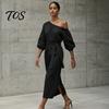 Women Long Dress One Shoulder Dress, Solid Color Tie Waist Side Split Casual Summer Dresses Party Sleeve Maxi for Everyday Wear