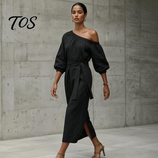 Women Long Dress One Shoulder Dress, Solid Color Tie Waist Side Split Casual Summer Dresses Party Sleeve Maxi for Everyday Wear