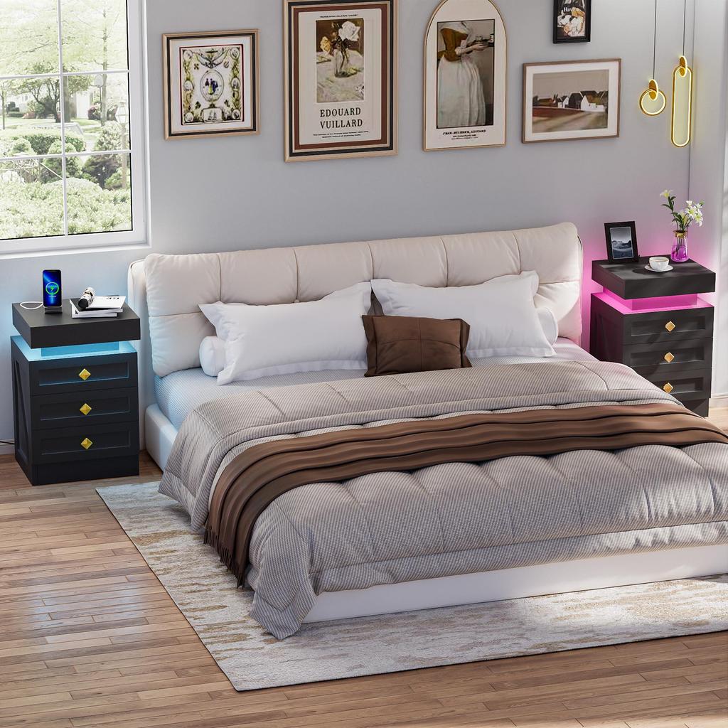 Bedside table, three drawers, with charging station, 2 AC power outlets/2 USB ports, European standard plug, black.