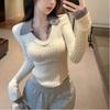 Contrast Color Fake Two-piece Stitching V-neck Sweater Women's Winter Sweater Design Bottoming Top