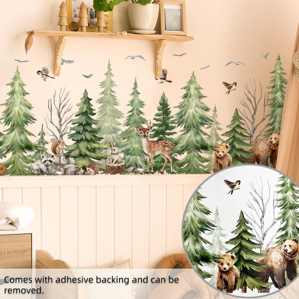 Safari Forest Animal Wall Stickers Deer Squirrel Bear Pine Tree Wallpaper for Kids Room Bedroom Nursery Decor