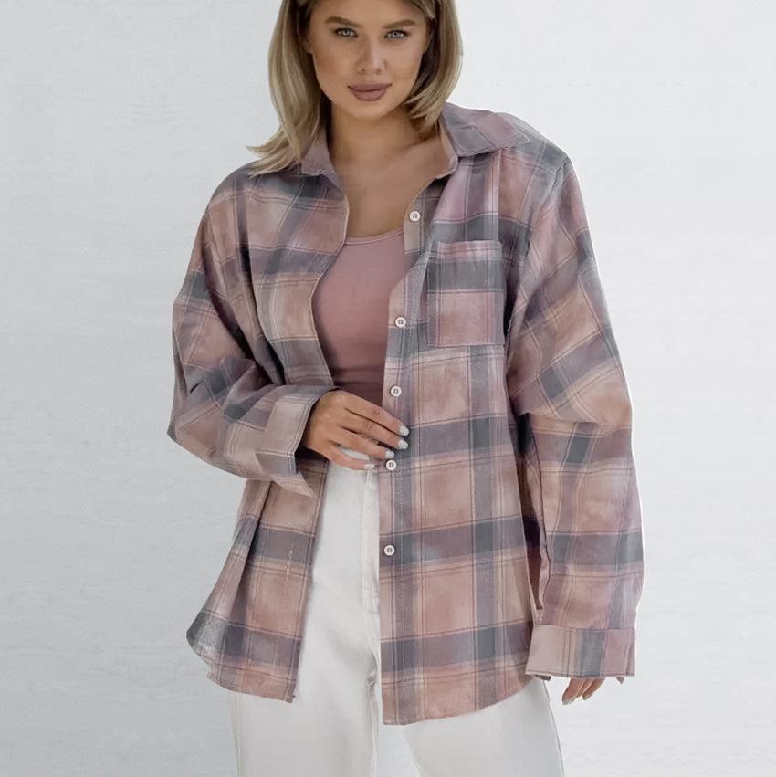 Klassisches Retro locker langärmeliges reines Baumwoll-Karoparthemd Herbst Europäische und Amerikanische vielseitige Mode minimalistisches Hemd Damenbekleidung