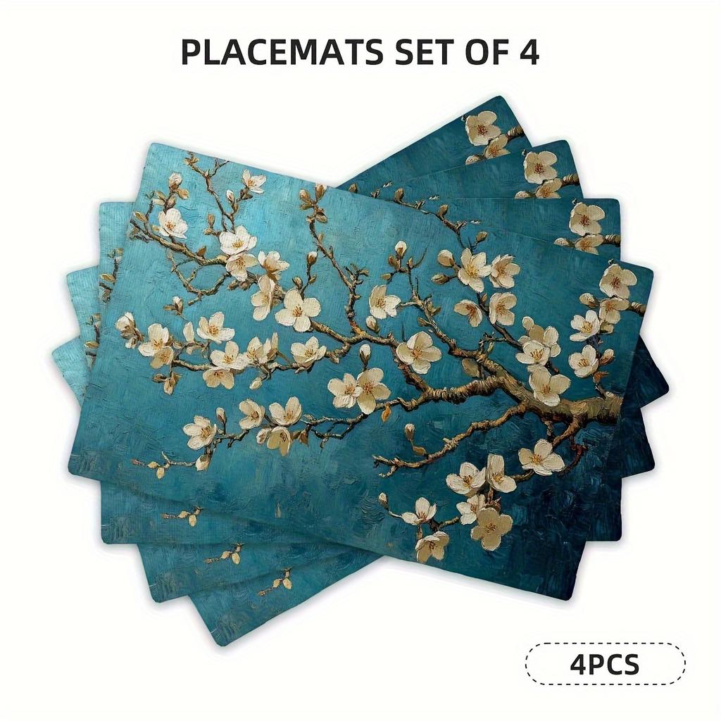 4/6pcs Almond Flower Green Pattern Placemats, Heat-Resistant Table Mats, Durable and Easy-to-Clean Dining Table Protectors, Perfect for Kitchen and