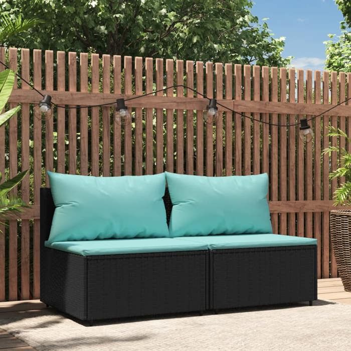 VidaXL Canapés centraux de jardin et coussins 2pcs Noir Résine tressée, canapé, canapé de jardin, canapé central sectionnel, 319802
